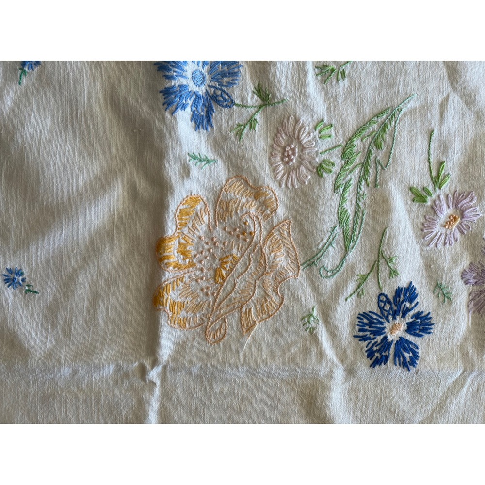 Vintage Hand Embroidered Floral Tablecloth White Lace Trim Cottagecore 48x44 - Picture 2 of 7